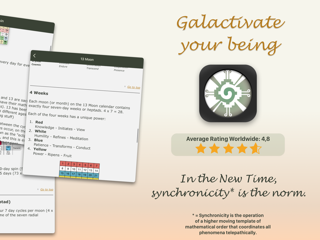 13:20:Sync - DB - Promotion for 13-20 Sync app showing 4.8 star rating and Mayan 13 Moon calendar weeks