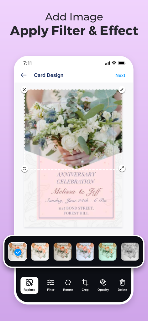 Invitation Maker - Invites4U - 기념일 축하 카드 디자인에 이미지를 추가하고 필터를 적용하는 방법을 보여주는 Invites4U 앱 인터페이스