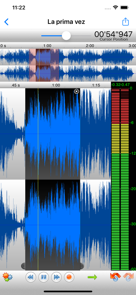 App mobile TwistedWave Recorder che mostra forme d'onda stereo e livelli di registrazione
