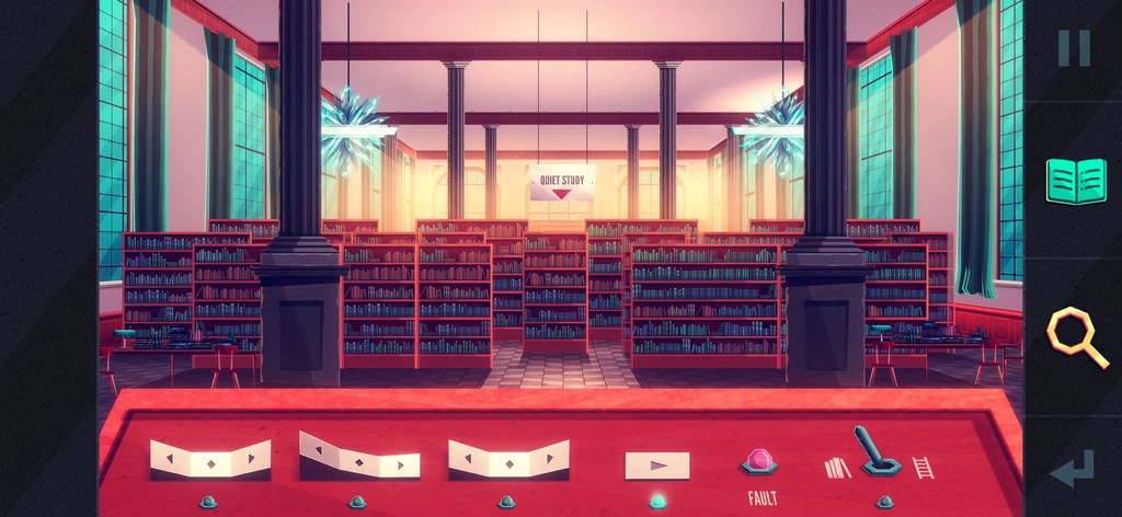 Uma cena de investigação desenhada à mão numa grande biblioteca com um painel de controlo e estantes de Jenny LeClue Detectivu.