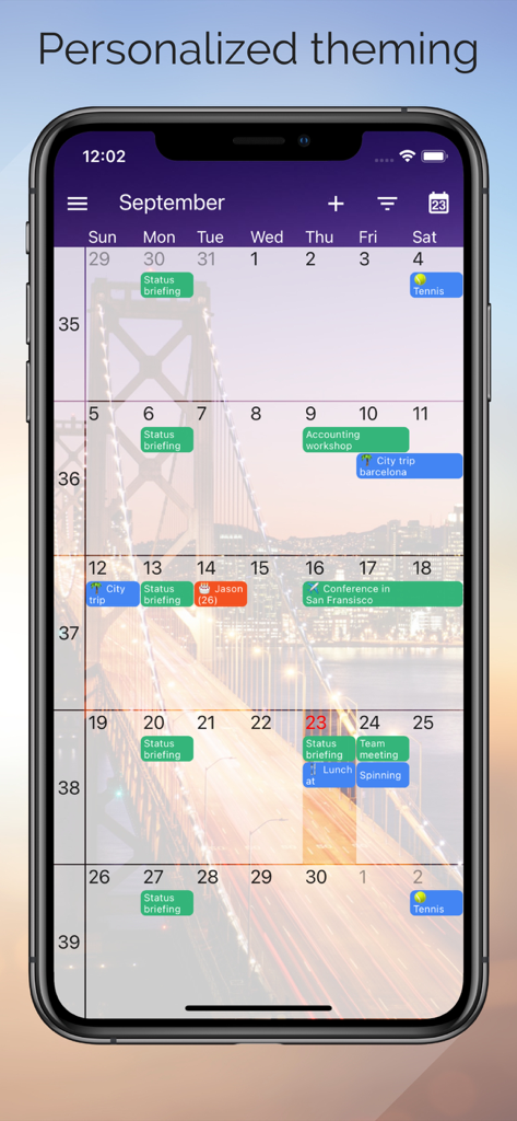 One Calendar - Monatsansicht der One Calendar App mit personalisiertem Thema und Brückenhintergrund