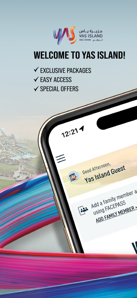 Interface do aplicativo móvel Yas Island mostrando uma mensagem de boas-vindas, pacotes exclusivos e recurso de entrada biométrica FacePass.