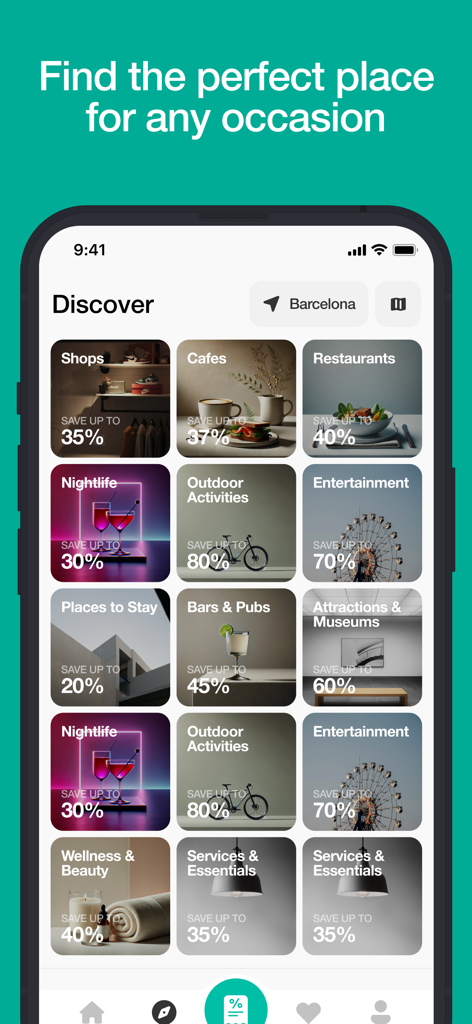 Tourist.com - Discover screen of the Tourist.com app showing travel discount categories like restaurants and activities in Barcelona