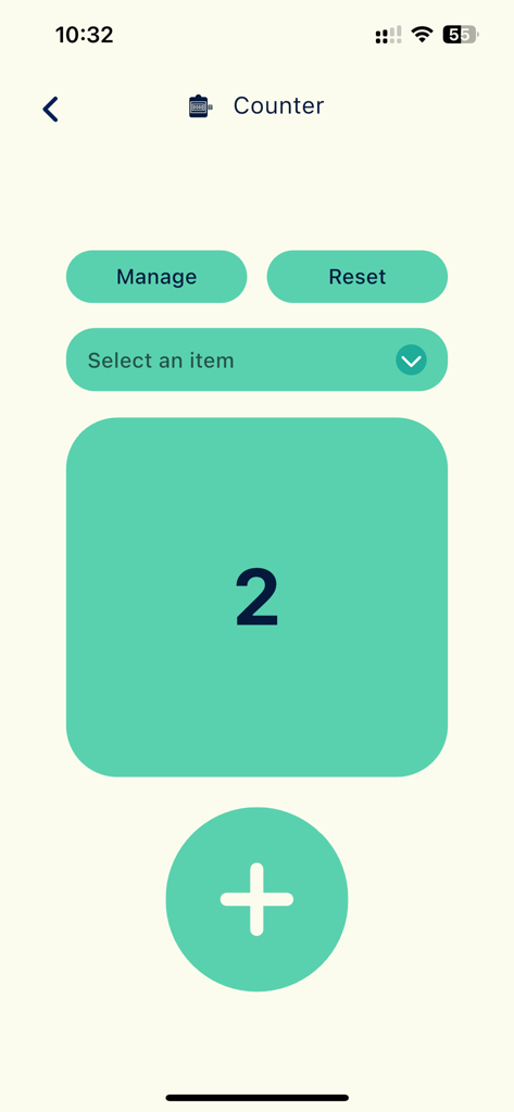Digital tasbeeh counter interface for religious recitations showing a count of two with a large plus button