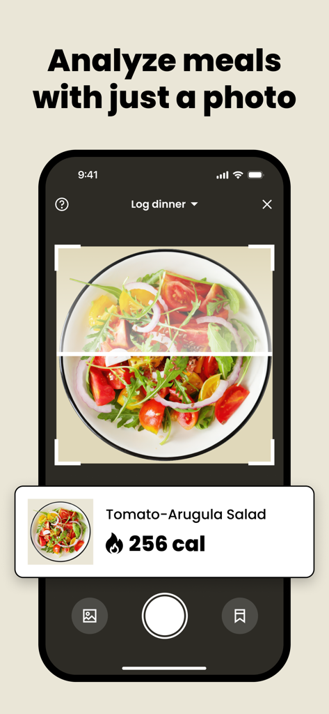 Food Analysis Pal - CalDiet - Smartphone screen showing the CalDiet app analyzing a photo of a tomato salad to display calorie information.