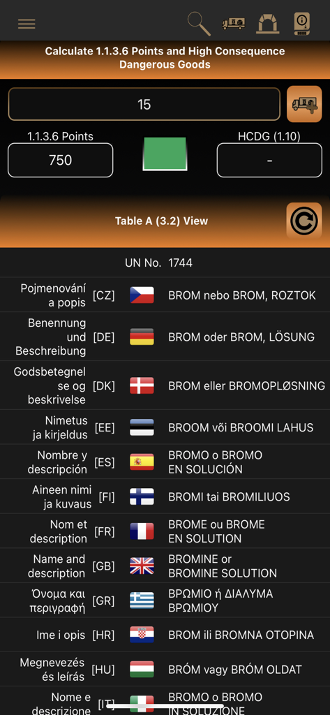 ADR Tool 2023 Dangerous Goods - Interface de l'application ADR Tool 2023 montrant des traductions multilingues pour le Brome UN 1744 et un résumé du calcul des points 1.1.3.6.