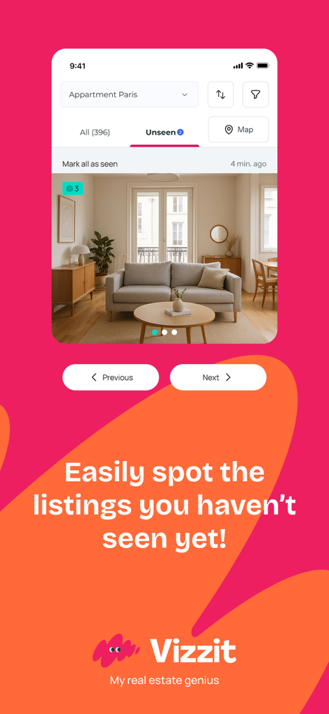 Vizzit - achat location - Screenshot of the Vizzit app highlighting the feature to easily spot unseen property listings.