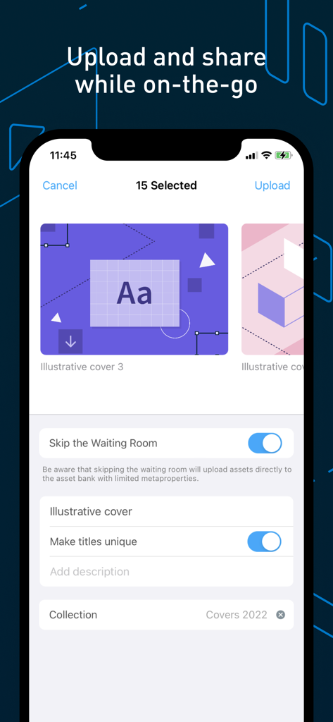 Bynder - Screenshot of the Bynder mobile app upload screen showing asset selection and metadata options.