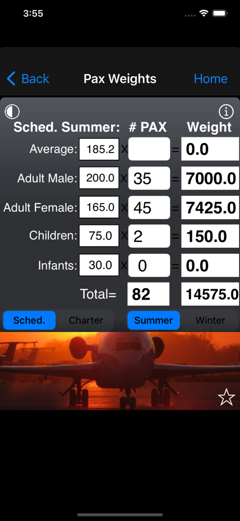 Aviation passenger weight calculation screen for flight planning in the FlyBy E6B app.