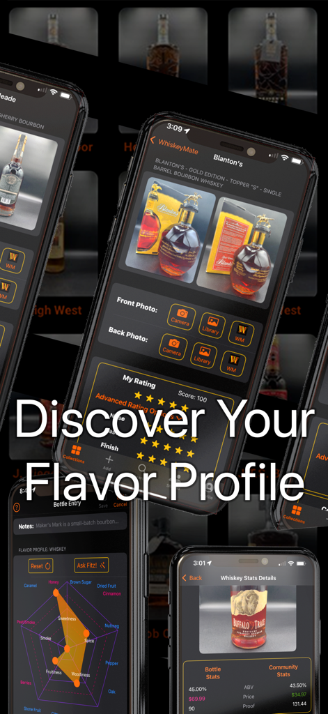 Mobile app interface of WhiskeyMate showing a whiskey flavor profile radar chart and bottle collection statistics.