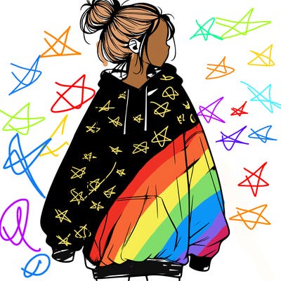 realistic girl with a oversized sweatshirt on and a bun