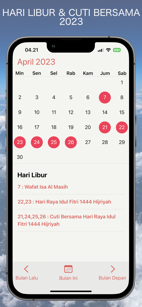 Kalender Indonesia 2026 - Mobile app interface of the Indonesian calendar showing public holidays and collective leave dates for planning.