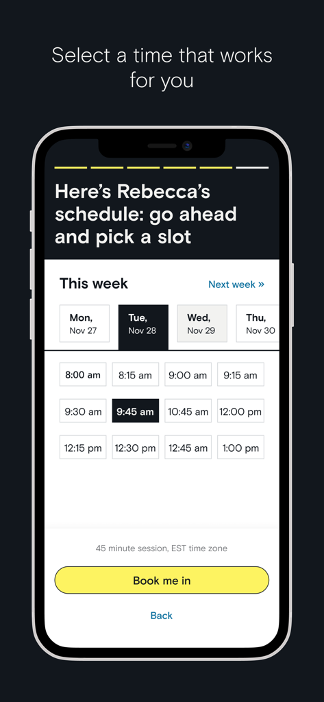 EZRA Сoaching - A mobile phone screen from the EZRA Coaching app showing a calendar view and time slots for booking a session with a professional coach.