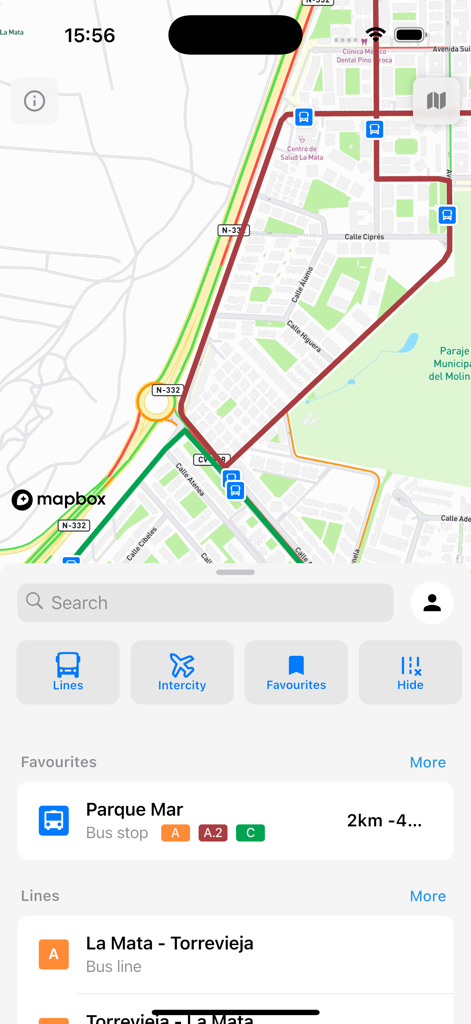 Un mapa que muestra rutas de autobús y paradas favoritas en la aplicación de navegación Cuando para Torrevieja