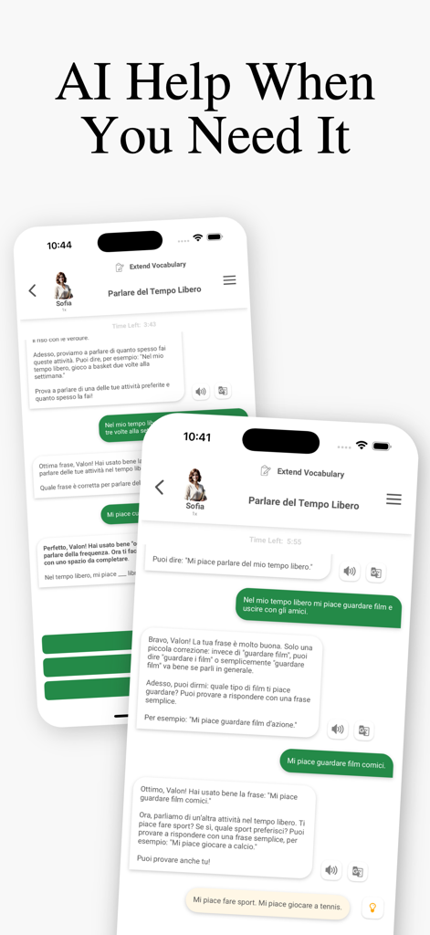 ItalicoAI mobile app interface showing a conversational AI tutor providing feedback on Italian language lessons