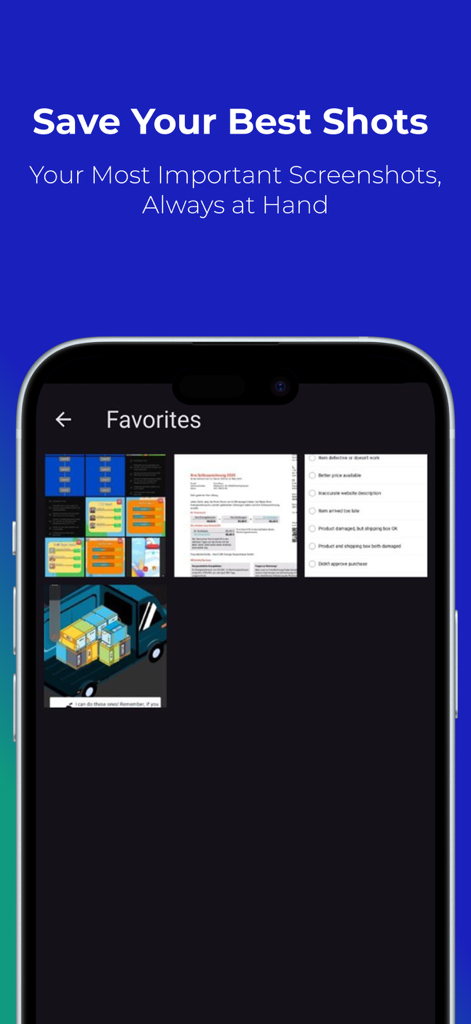 SnapSort app interface showing a Favorites folder with organized screenshots of documents and illustrations