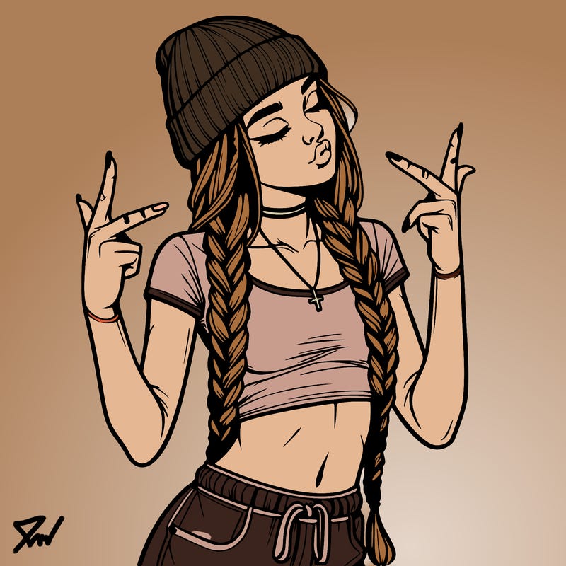 realistic teenage girl with braids and a beanie and crop top doing 🫶🏼