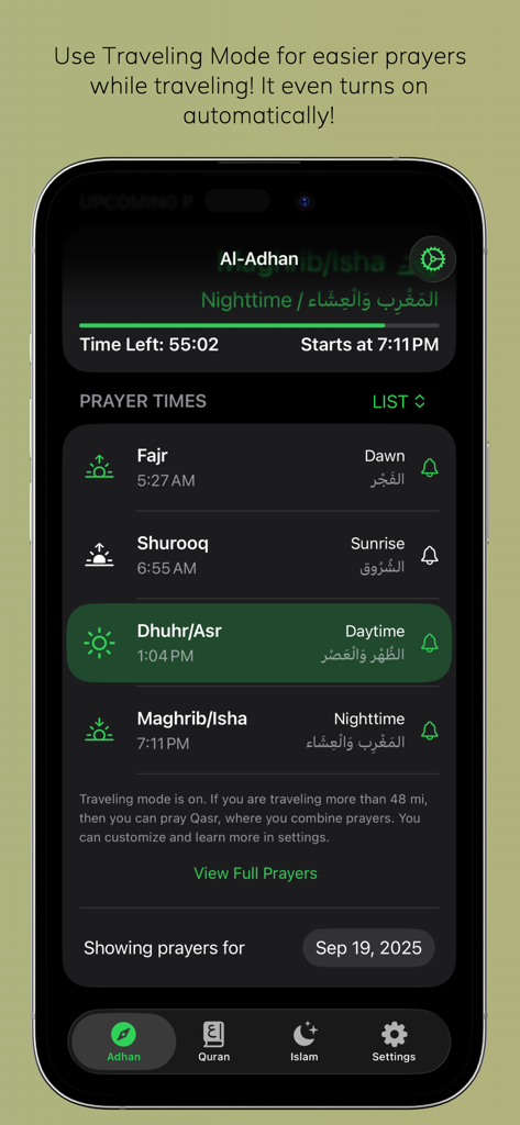 Al-Islam App-Oberfläche, die Gebetszeiten mit aktiviertem Reisemodus anzeigt.