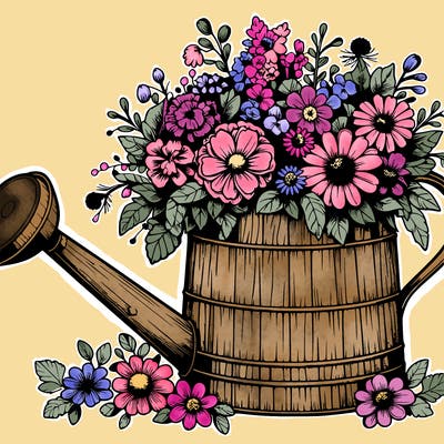 rustic watering can with lots of flowers realistic