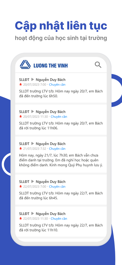 My LTV - Screenshot of the My LTV app showing real-time student attendance logs and school activity updates in Vietnamese