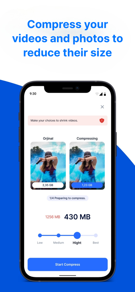 Cleaner X: Phone Photo Cleanup - A mobile interface of Cleaner X showing a video compression tool that reduces a file from 1256 megabytes to 430 megabytes.