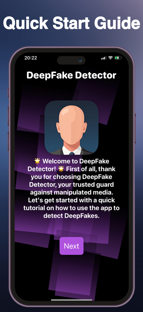 DeepFake Detector app welcome screen featuring a quick start guide and tutorial introduction.