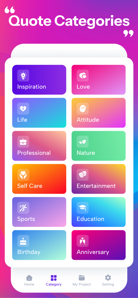 Quotes Creator - Flyer Maker - A colorful mobile app screen showing quote categories such as Inspiration, Self Care, and Professional.