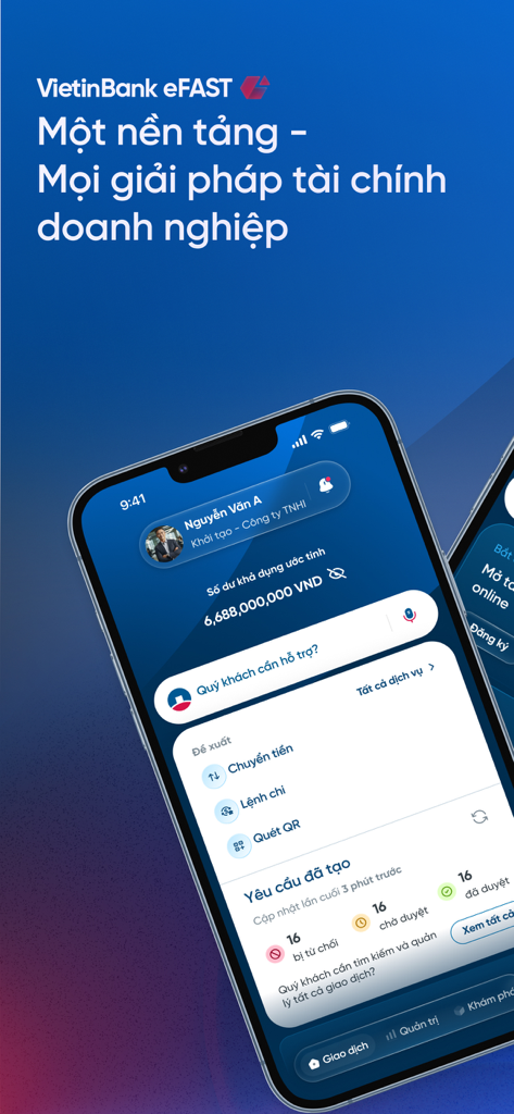 VietinBank eFAST One - Interfaz de VietinBank eFAST One que muestra el saldo de la cuenta empresarial y las solicitudes de transacción.