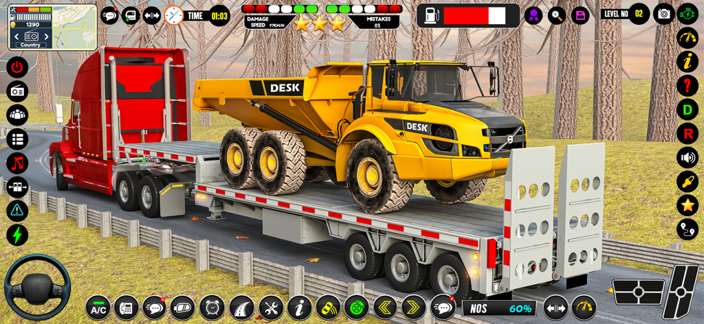 Road Build & Dropoff Missions - Un camión de carga rojo transportando un camión volquete amarillo en un remolque de plataforma en un juego de simulación de construcción