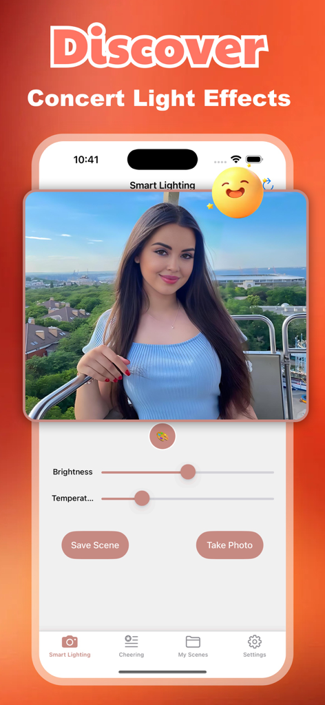 Snorg app interface displaying smart lighting controls for brightness and temperature with a selfie preview.