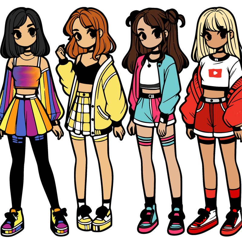 one girl with crop-top shirt and a jacket with a skirt, long socks and another girl with a shirt and pants with a jacket