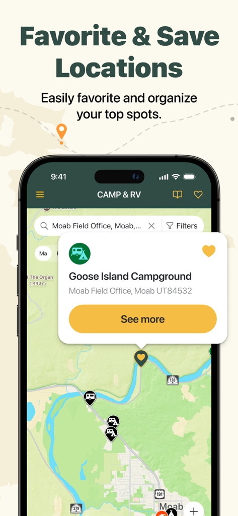 AllStays Camp and RV app interface showing a map with pinned campgrounds and a favorite location popup for Goose Island Campground