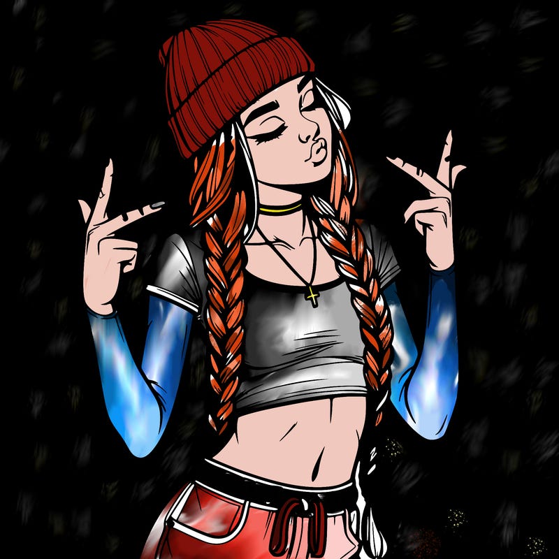 realistic teenage girl with braids and a beanie and crop top doing 🫶🏼