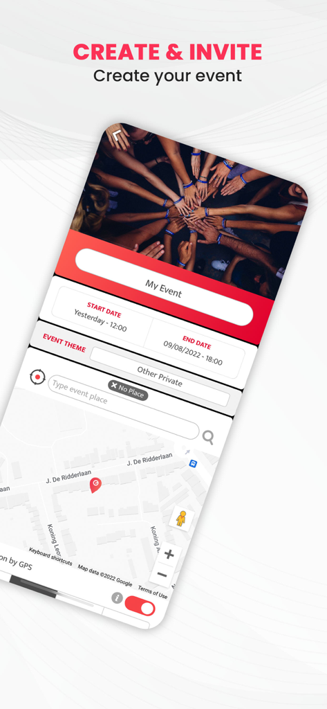 Eventer - Unforgettable Events - Smartphone screen showing the event creation process in the Eventer app with date and location settings