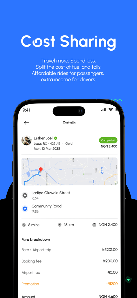 Linc Ride - Interface de l'application Linc Ride montrant les détails du trajet, l'itinéraire sur la carte et la répartition des tarifs pour un trajet partagé.