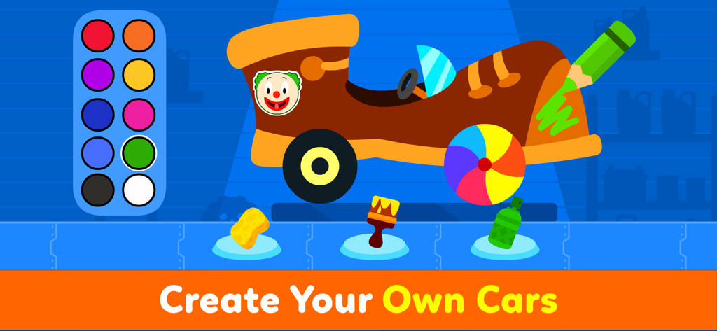 A digital coloring and decoration screen for kids featuring a shoe-shaped car and a bright color palette.