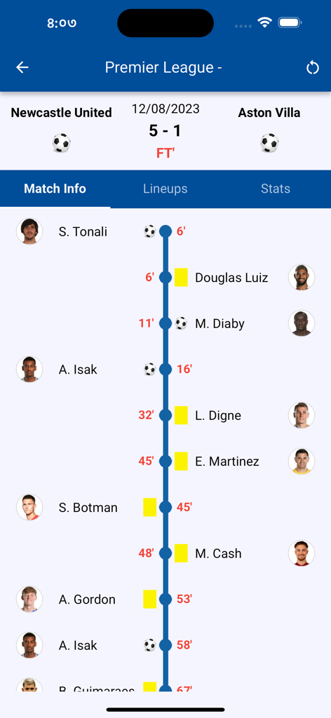 KickNow live football scores app showing a match timeline with goals and yellow cards for a Premier League game.
