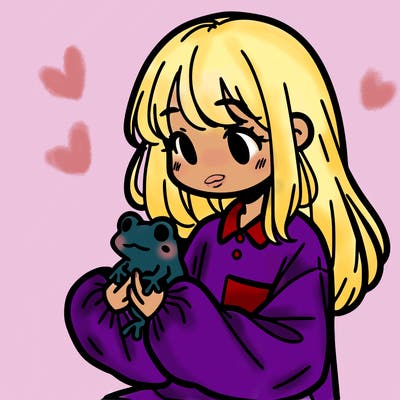 girl with long hair and a oversized shirt. and she is holding a frog