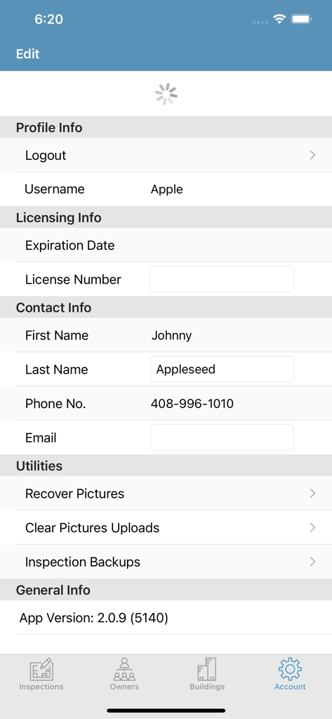 DOORDATA - DOORDATAアプリのユーザーアカウント設定画面。防火ドア検査員のプロフィール情報、ライセンス詳細、ユーティリティオプションが表示されています。