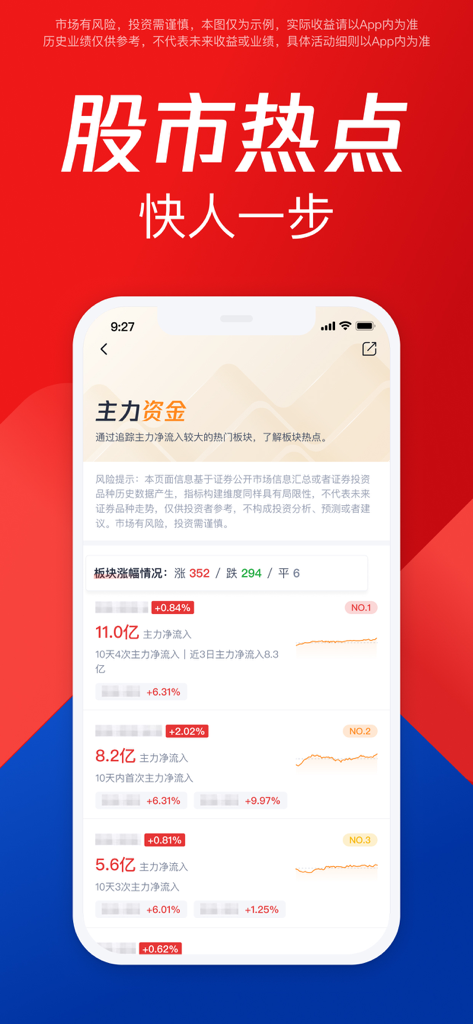 Interface do aplicativo Tencent Zixuangu mostrando os hotspots do mercado de ações e análise do fluxo de capital da força principal