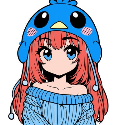 anime girl with chick shaped hat with sweater with bare shoulders with bangs covering them one eye with low tail