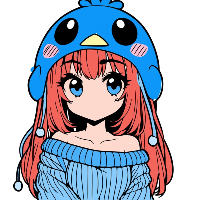 anime girl with chick shaped hat with sweater with bare shoulders with bangs covering them one eye with low tail