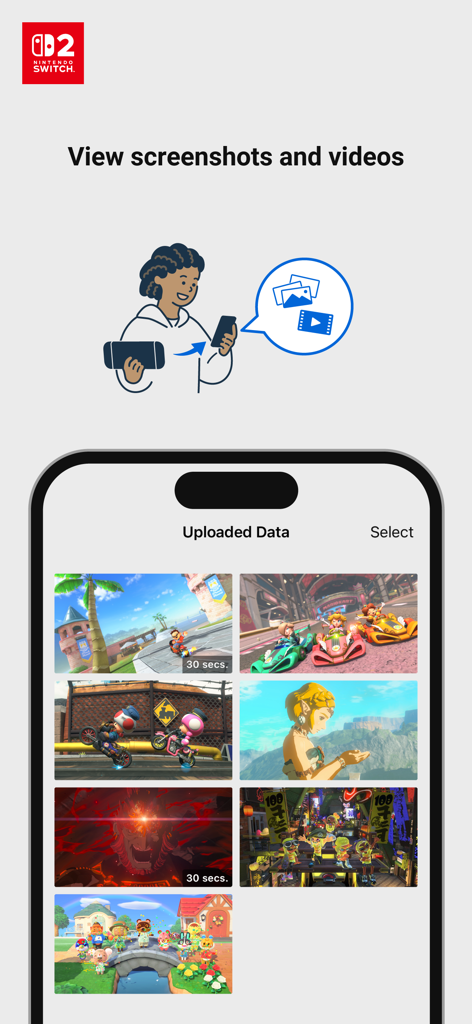 Nintendo Switch App - Smartphone screen displaying a gallery of uploaded Nintendo Switch game screenshots and videos