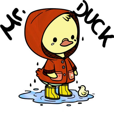 baby duck in a rain coat and boots, in a puddle while it’s raining