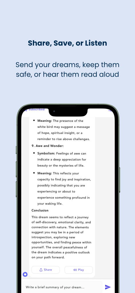 A7lamy app screen showing options to share or listen to a detailed AI dream interpretation
