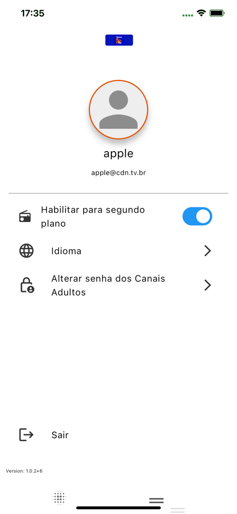 Home TV - La pantalla de configuración de perfil y cuenta de la aplicación Home TV que muestra información del usuario y opciones de menú en portugués.