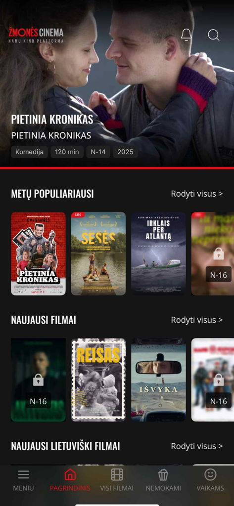 The home interface of Zmones Cinema app showing curated Lithuanian movies and latest releases