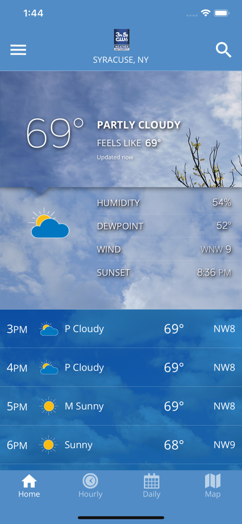 CNY Central Weather app interface displaying current temperature and hourly forecast for Syracuse New York