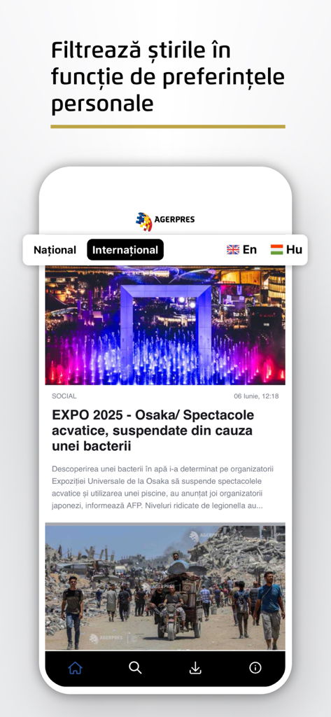 AGERPRES - AGERPRES mobile app interface for filtering news with international category and language options