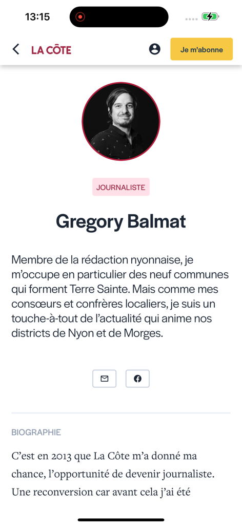 Profilseite des Journalisten Gregory Balmat in der La Côte Nachrichten-App mit seiner Biografie und seiner redaktionellen Rolle
